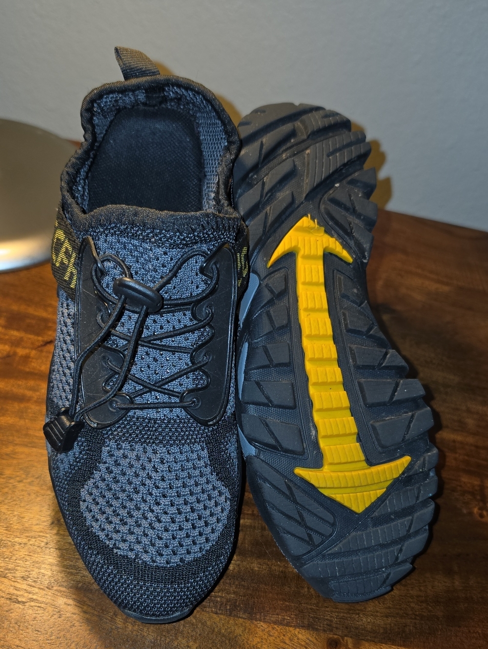 Men's Black and Gray Knit Athletic Trainers with Yellow Outsole Accent